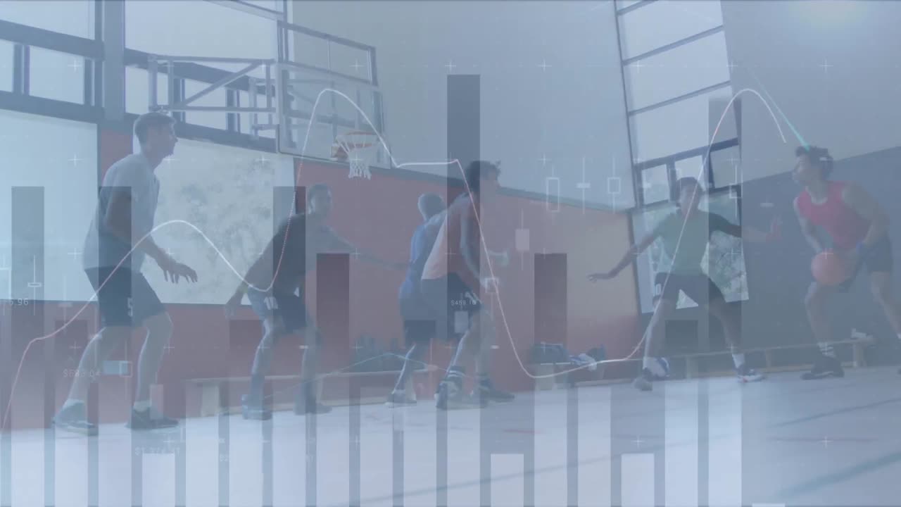 Animation of data processing and statistics over basketball players