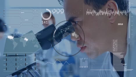 animation of data processing over biracial male scientist using microscope