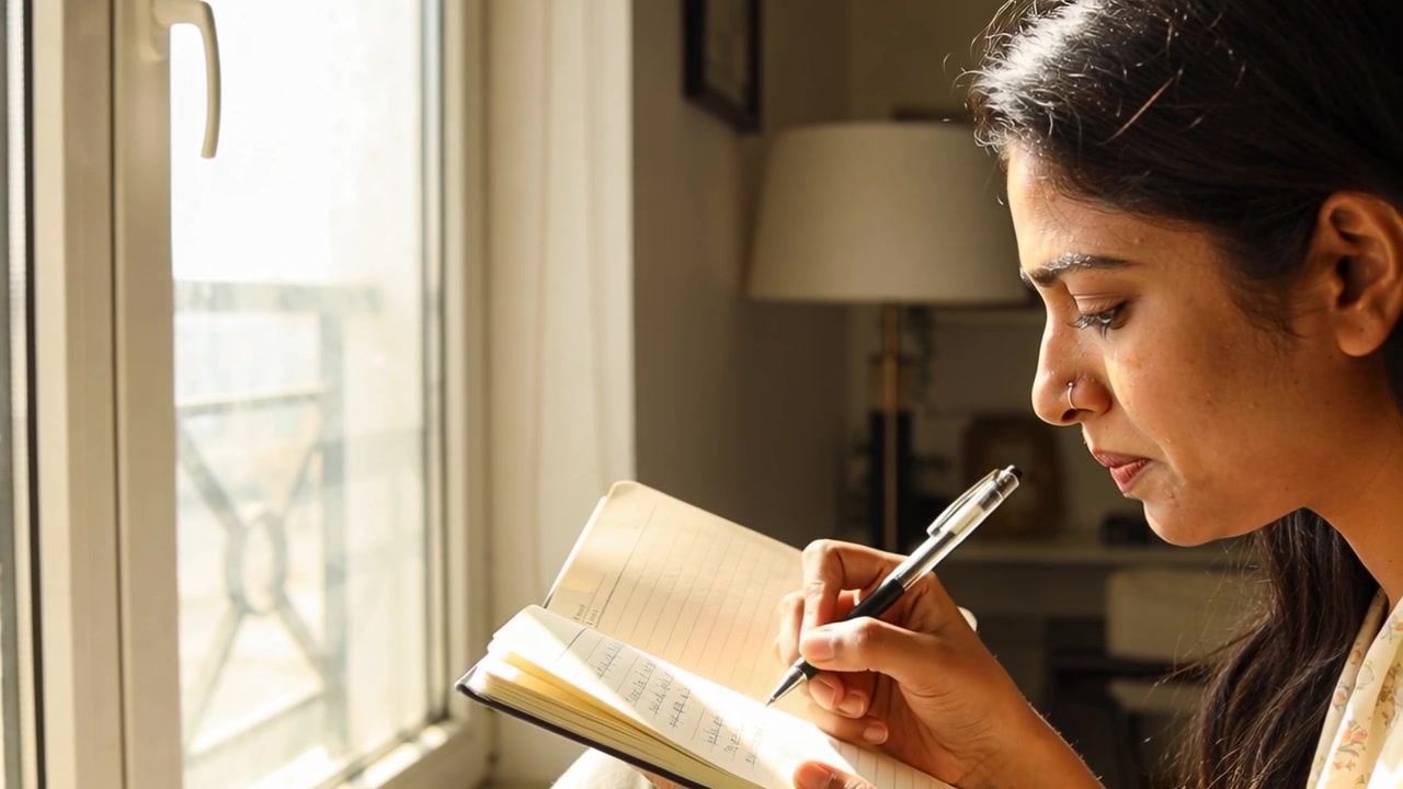 Donna che scrive con un top chiaro fa una pausa dalla luce del sole, leggendo appunti e riprendendo con la penna alla finestra.
