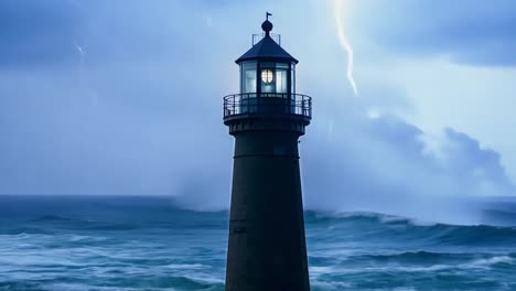 lighthouse stands tall amidst crashing waves and striking lightning, showcasing nature's power during a dramatic storm