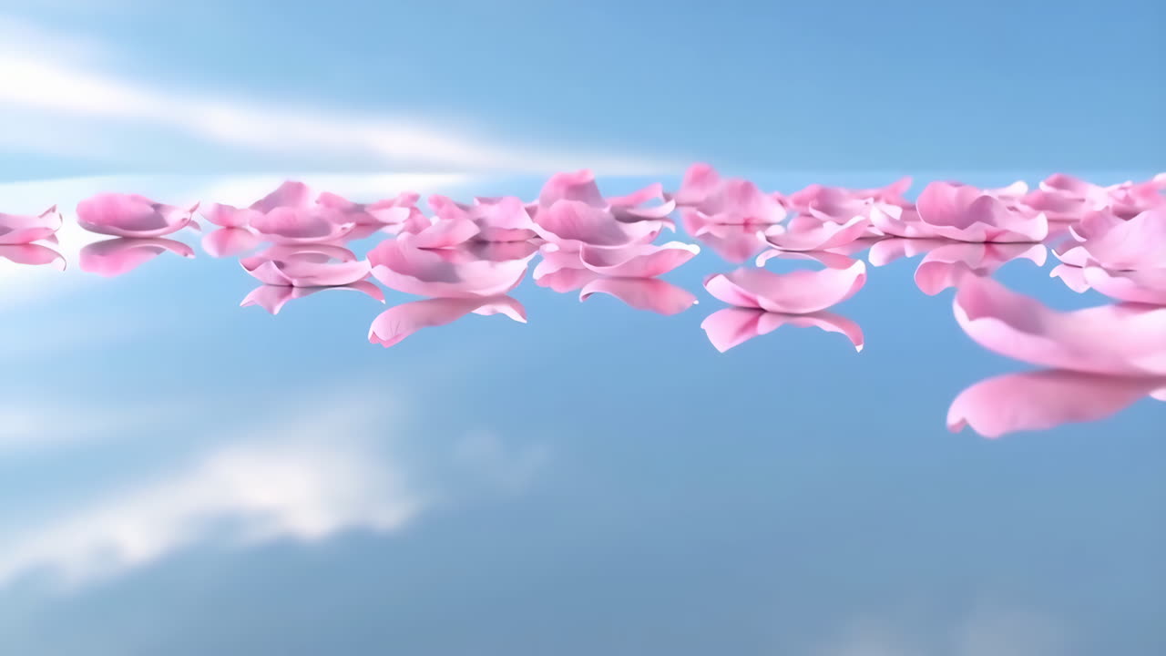 Pink Rose Petals Floating on Reflective Surface with Sky Reflection