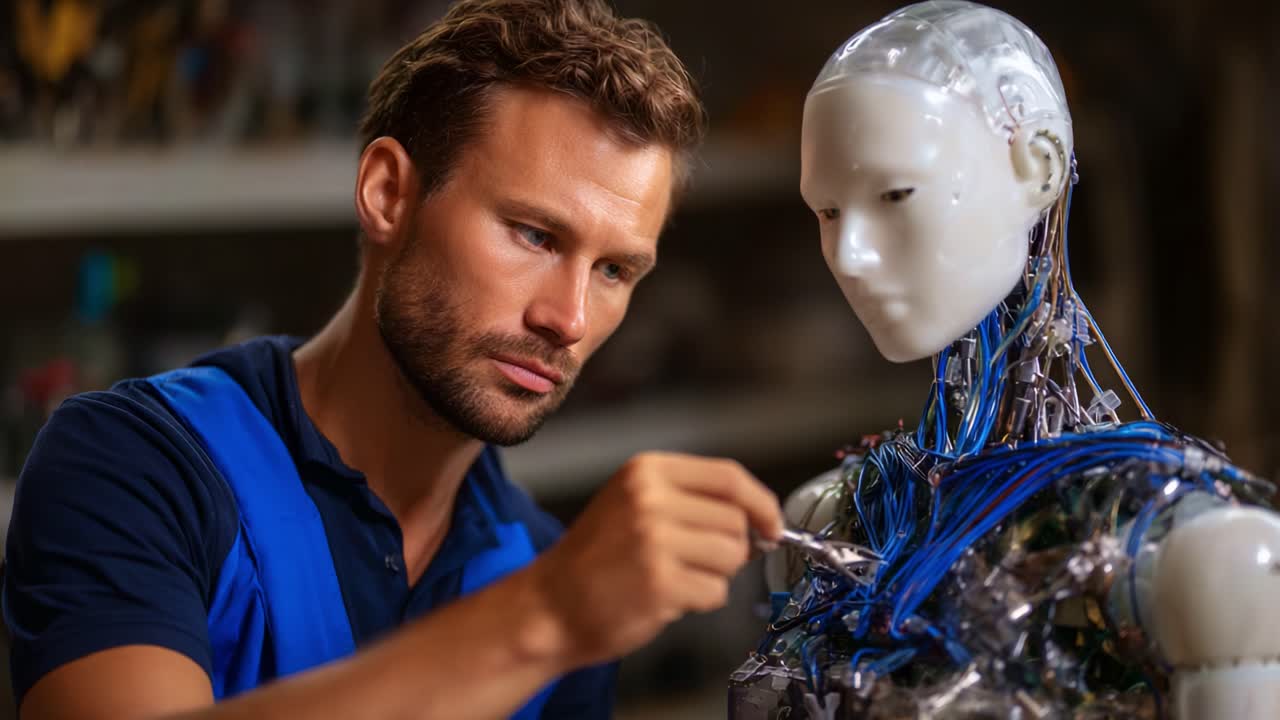 Un tecnico specializzato lavora con cura a un robot umanoide, modificando cablaggi e funzionalità complessi, mettendo in mostra la fusione tra tecnologia e maestria umana.