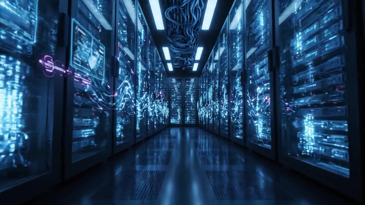 Exploring the Heart of Technology: A Glimpse into a High-Tech Data Center with Advanced Server Technology and Illuminated Network Connections