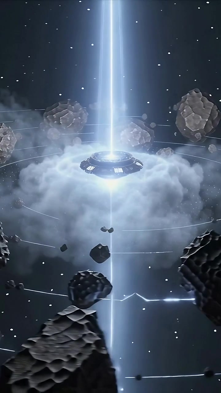 Vertical video: Activating disc emitting blue beam among asteroids, shaping orbits with plasma ring