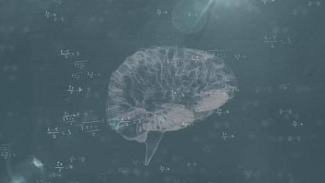 Animation-of-rotating-brain-and-math-formulas-on-grey-background