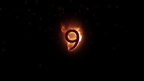 animation of 9 text in burning flames over brown background