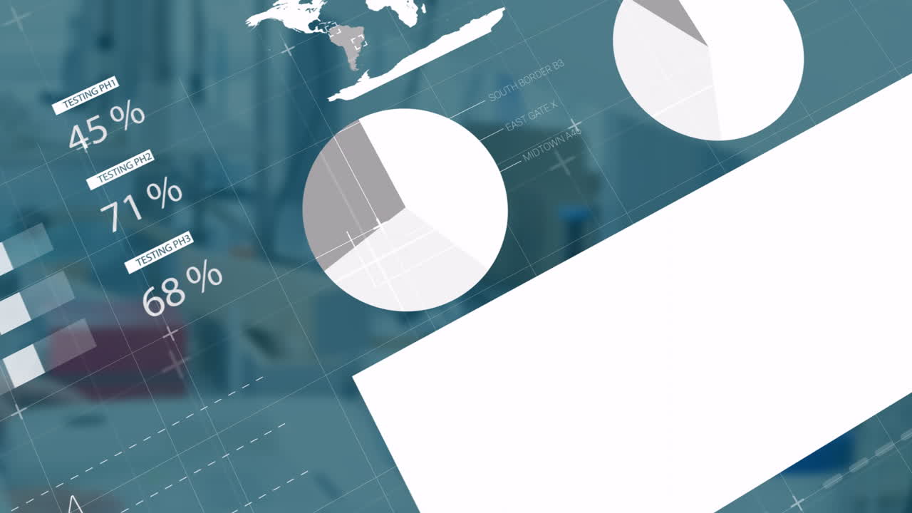 Animazione di grafico a torta e mappa del mondo con dati e grafici sovrapposti in un contesto aziendale