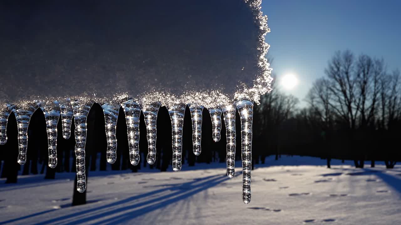 Close-up, low-angle shot of icicles glistening in sunlight, with a snowy landscape and trees