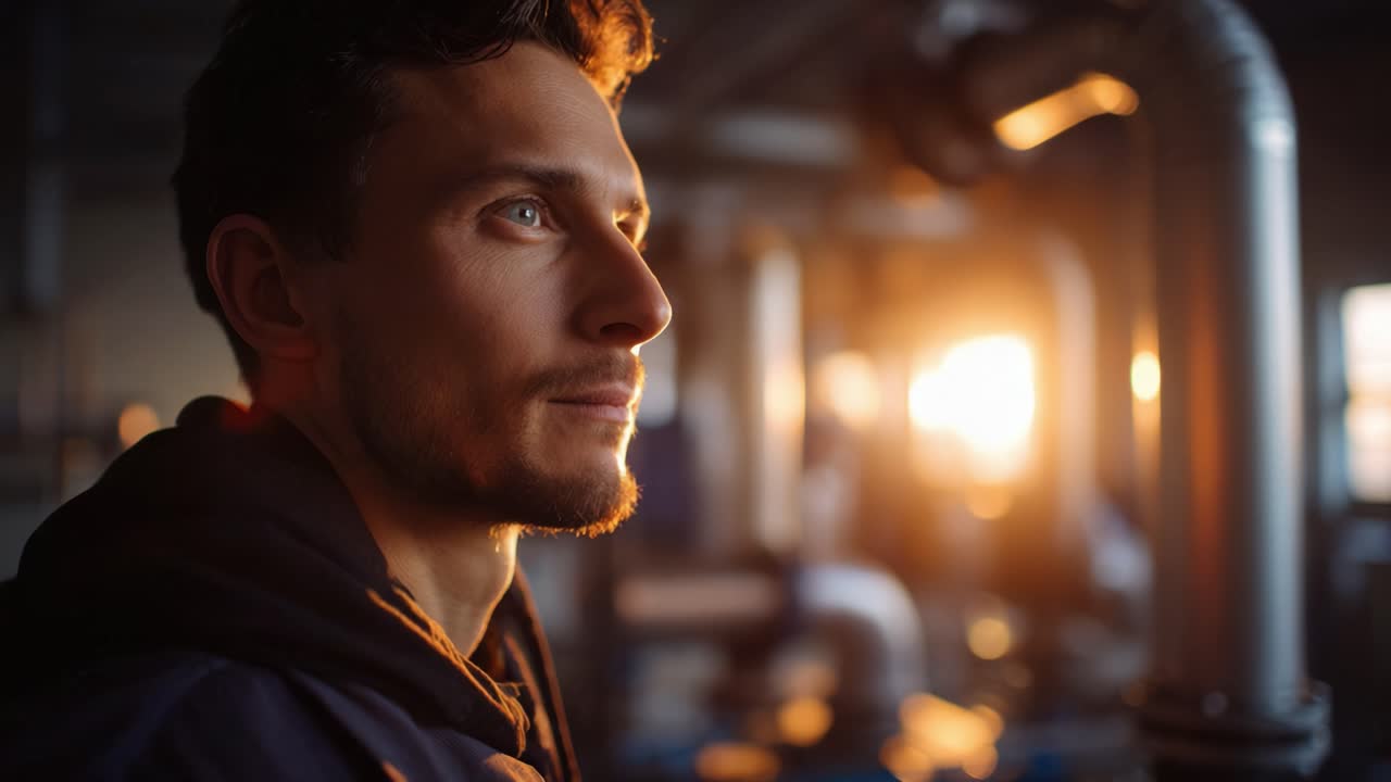 A contemplative moment captured as a man gazes thoughtfully, illuminated by warm sunset light filtering through an industrial workspace filled with metallic structures