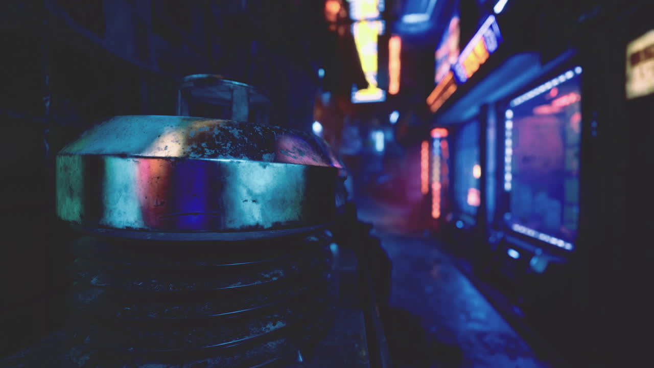 Neon lights illuminate a narrow alley in an urban nighttime setting