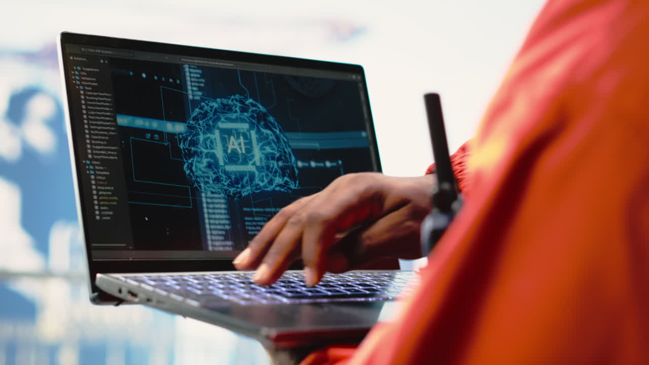 Vertical video Close up of offshore platform professional using AI tech software on laptop