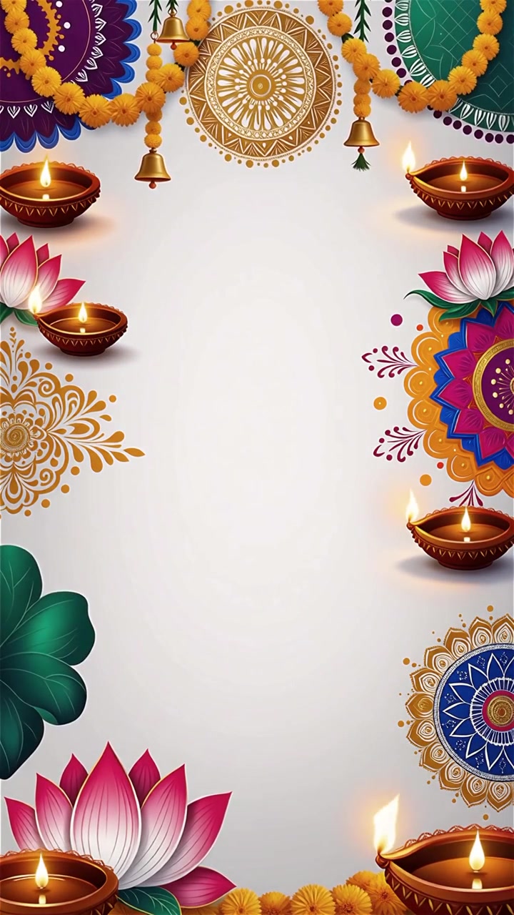 Sfondo Diwali con Diyas luminosi, Rangoli e fiori di loto