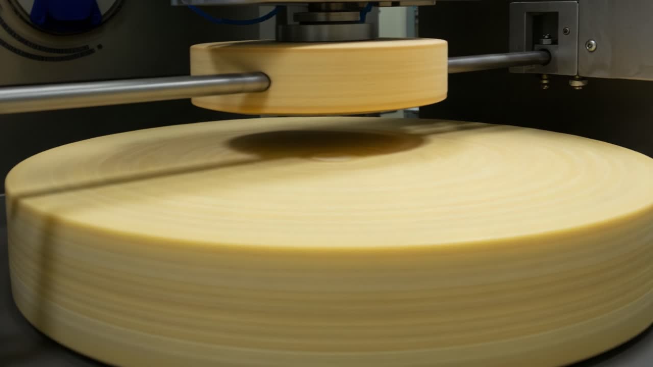 A Close-Up View of a Rotating Cheese Wheel During the Manufacturing Process, Highlighting Its Smooth Surface and Precision Craftsmanship in Dairy Production