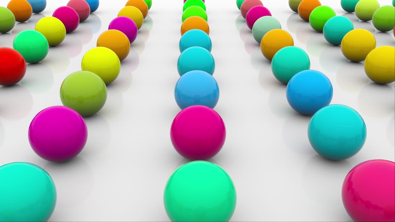 filas de muchas bolas brillantes de colores, fondo isométrico, fondo de renderización 3d generado por computadora