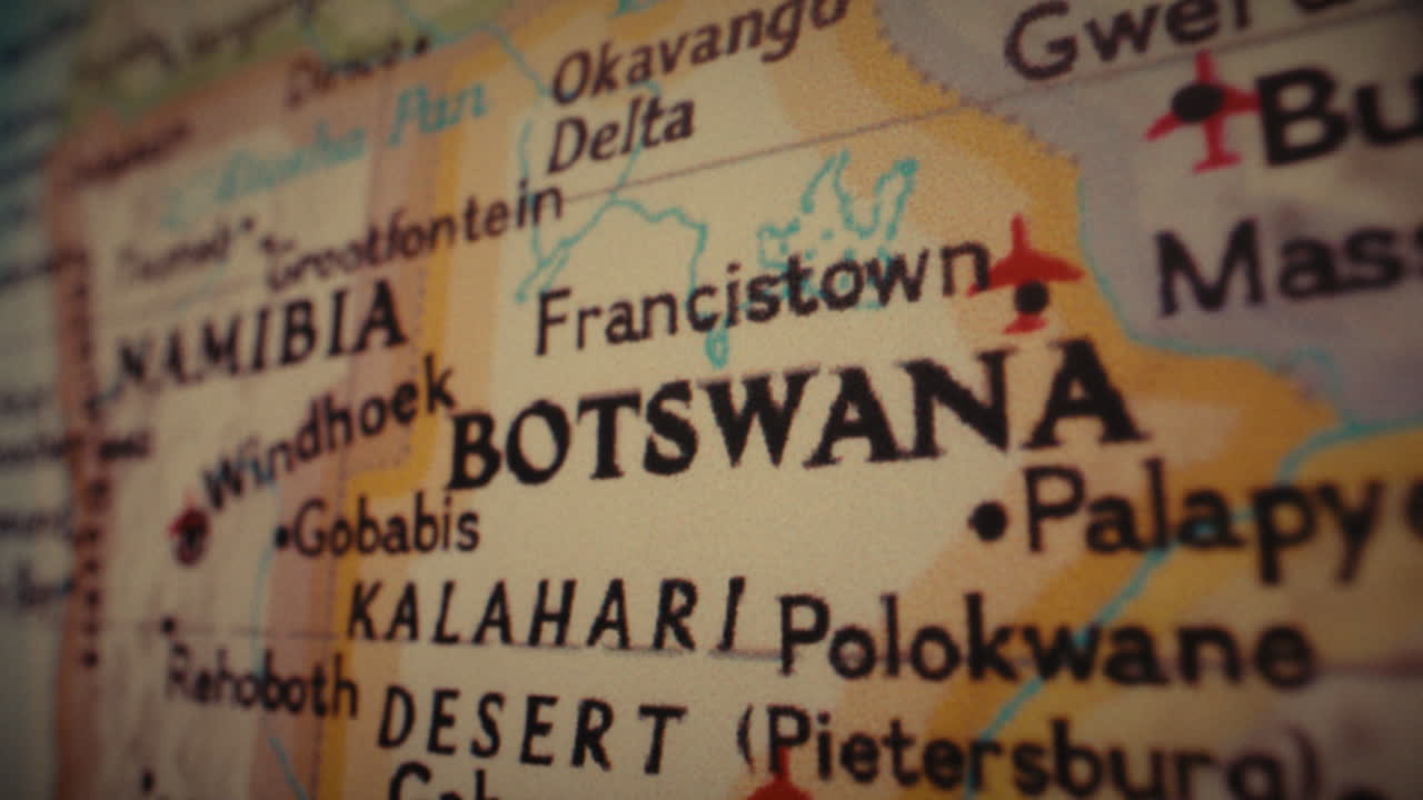 Close-up of a map showing Botswana and surrounding Southern African countries
