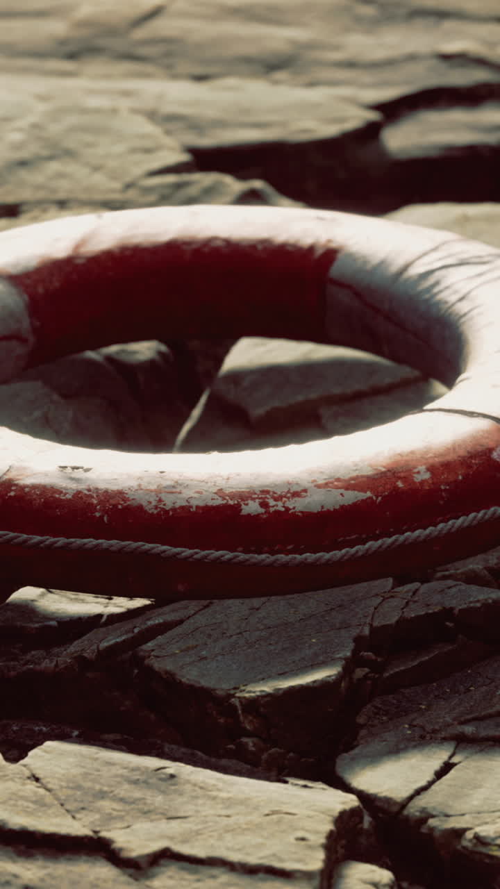 Lifebuoy rests on rugged rocks near water at golden hour