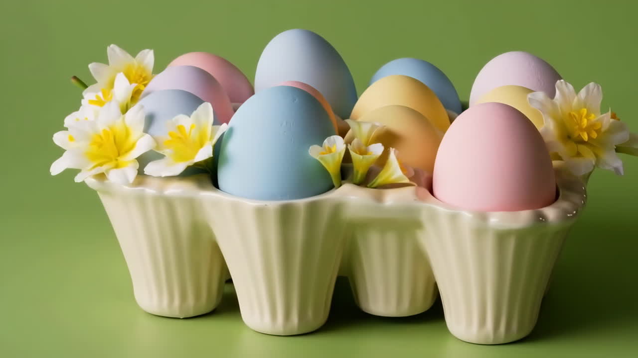 Pastel Easter Eggs and Spring Flowers in a Carton