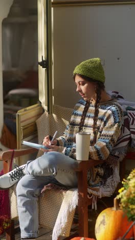 teenage girl drawing outdoors in a camper