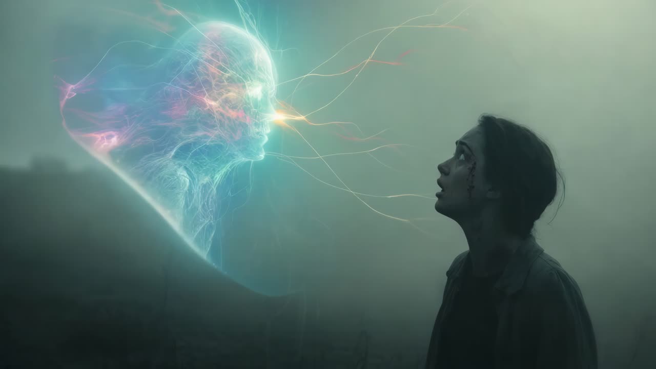 mujer enfrentando un encuentro sobrenatural en un bosque de niebla