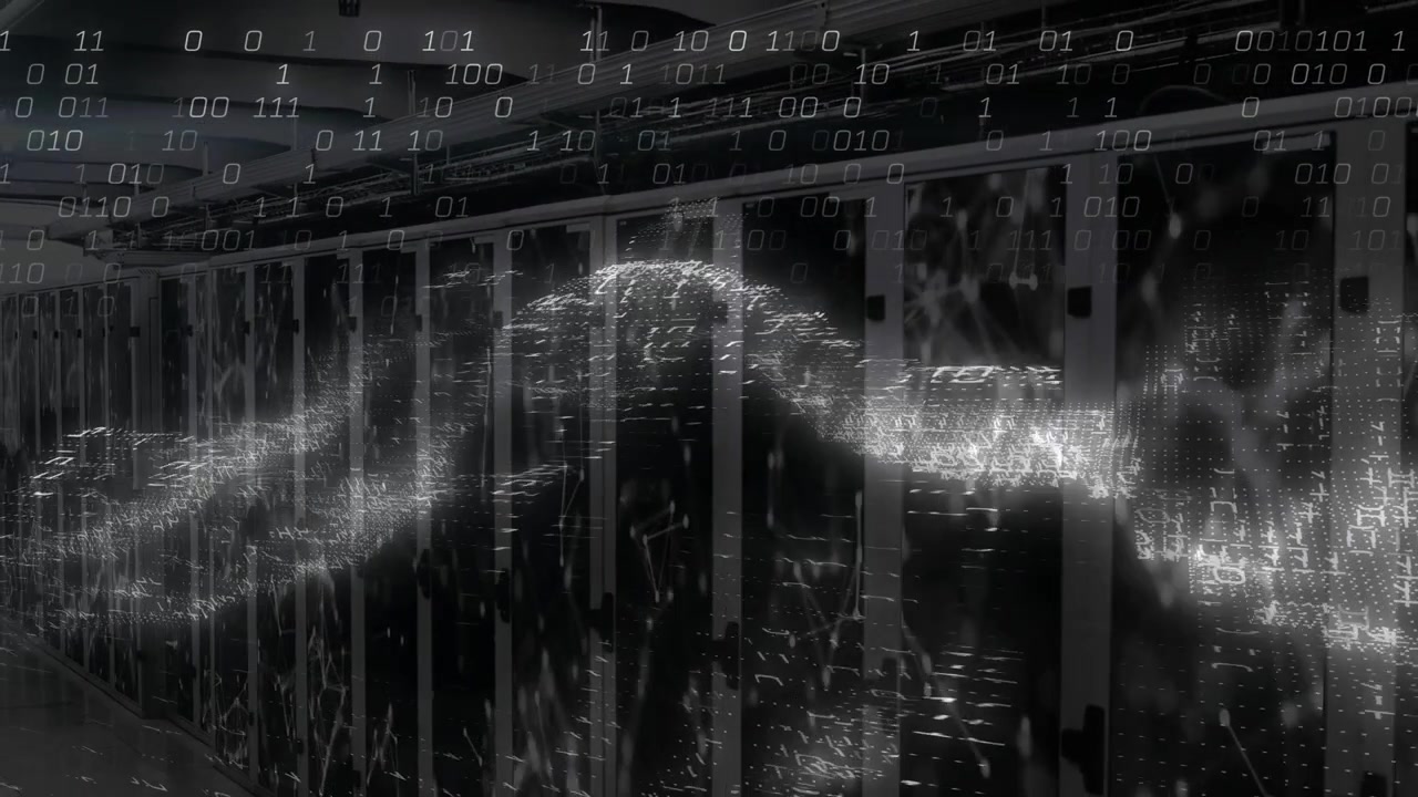 Waveform appearing moving right and sending data, racks lighting and binary drifting to show flow