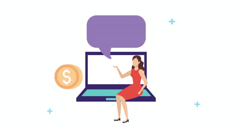 young businesswoman with laptop and coins