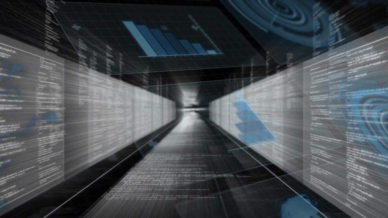 View moving down tunnel showing HUD with blue bar triangles radar scrolling code mapping tech data