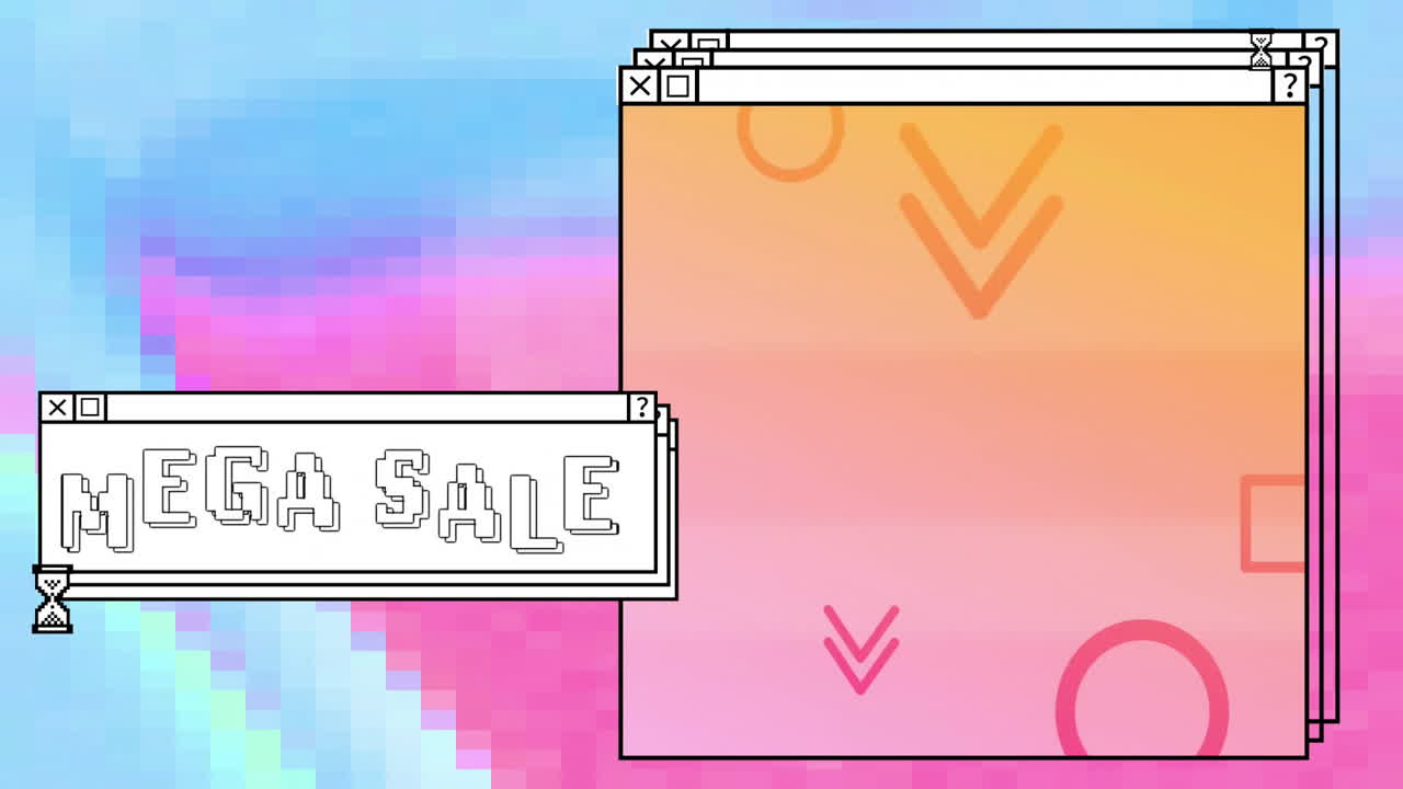 Animation of colourful shapes moving over mega sale text