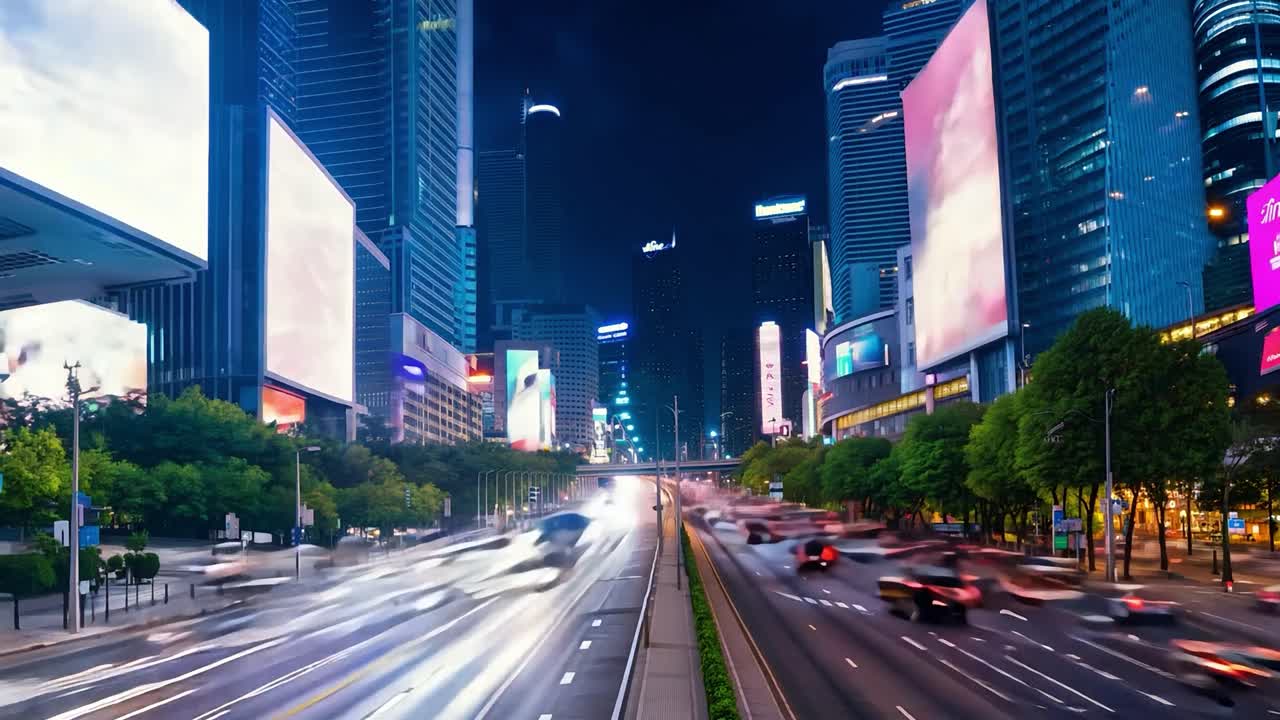 교통이 많은 바쁜 도시 거리의 야간 풍경