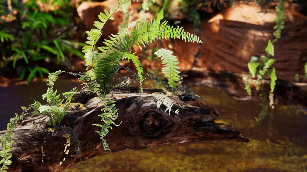estanque dorado tropical con rocas y plantas verdes