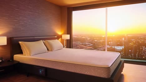 modern bedroom with city view at sunrise
