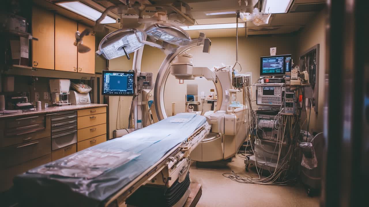 Modern Operating Room Equipped with Advanced Medical Technology, Featuring Surgical Instruments and Diagnostic Equipment for Patient Care and Procedures