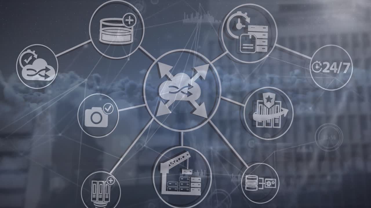 디지털 아이콘의 네트워크와 높은 건물에 대한 구름을 통해 연결의 네트워크의 애니메이션