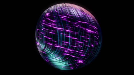 abstracto planeta púrpura cubierto por hermosas líneas dobladas brillantes en forma de hilo aisladas en fondo negro. animación. increíble cuerpo espacial girando y brillando, bucle sin costuras