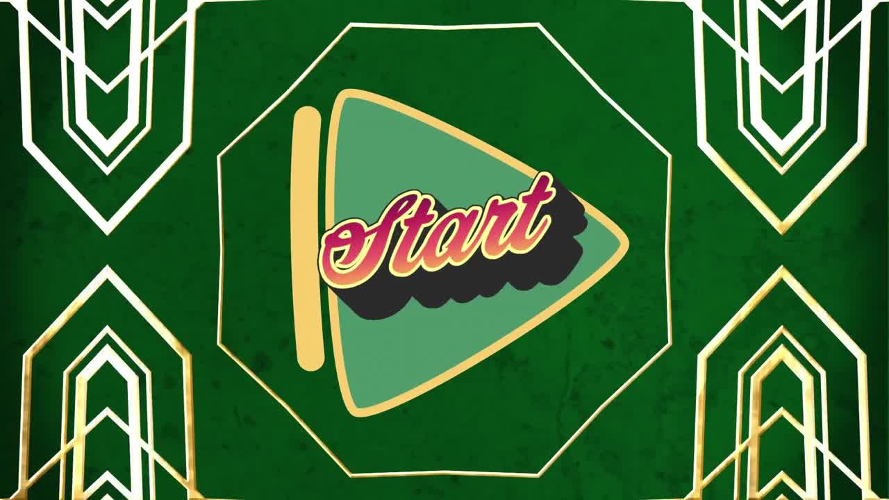 초록색 바탕에 노란색 패턴을 가진 초록색 재생 버튼 위의 시작 텍스트의 애니메이션