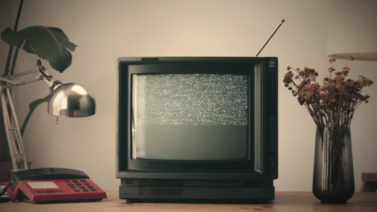 ретро телевизор, винтажный телевизор в ностальгической настройке, ретро-телевизор показывает зерно на экране, страшное устройство для хэллоуинской ночи, хорошее для хроматического ключа и зеленого экрана. высококачественный 4k кадр