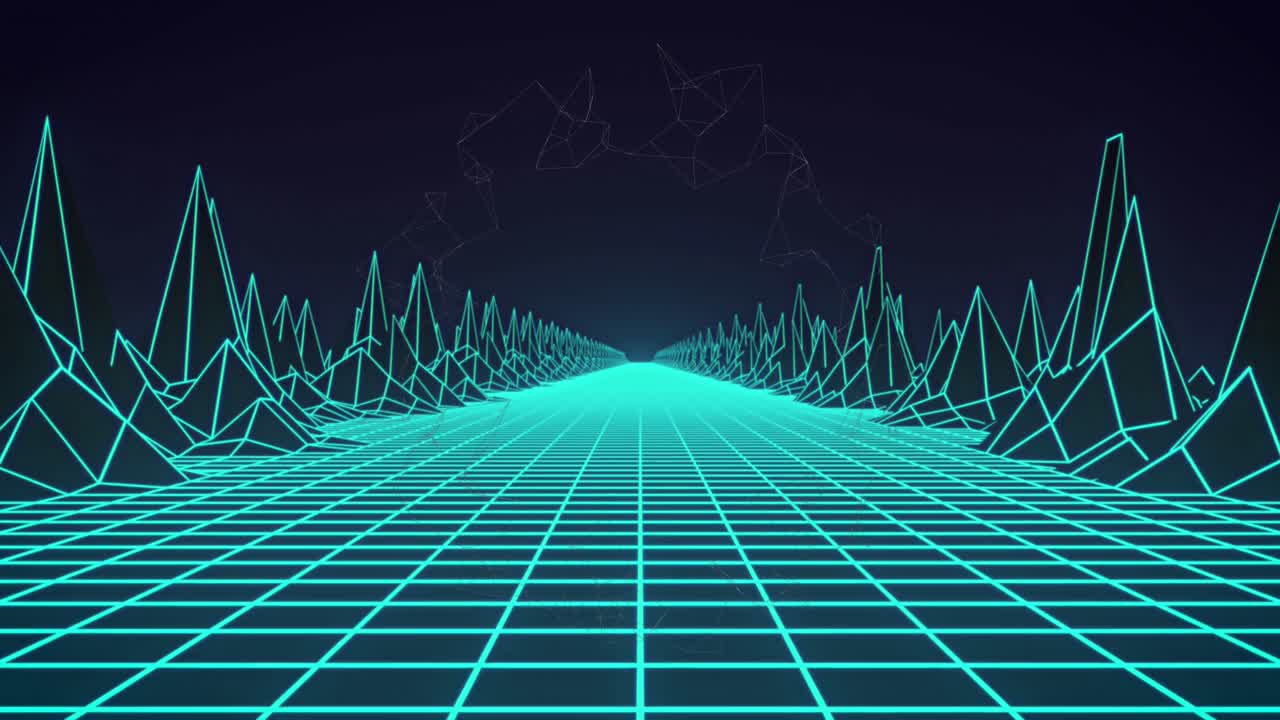 Digital animation of neon green grid network and 3d structures against blue background