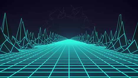 digital animation of neon green grid network and 3d structures against blue background