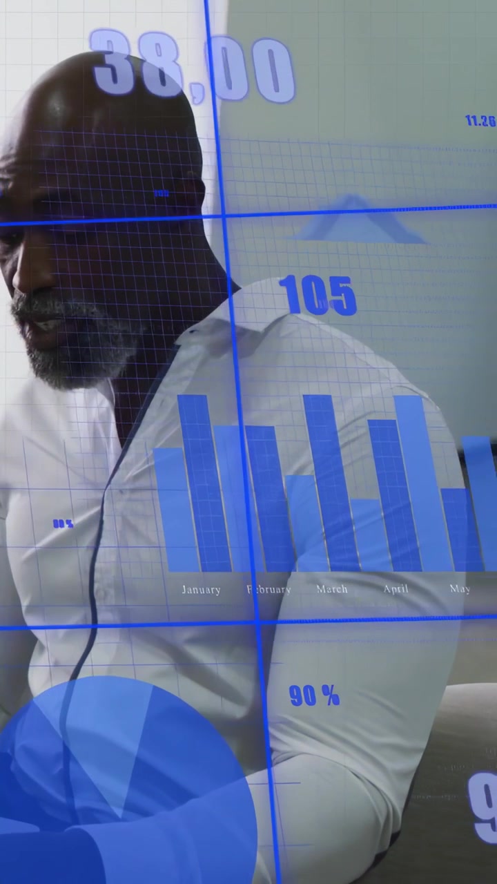 Vertical video: Mature man monitoring business data while live overlay updating charts, values, pie