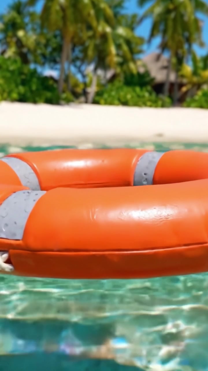 A Bright Orange Lifebuoy Floating in Crystal Clear Water Surrounded by Lush Tropical Palm Trees and Sandy Beaches Under a Clear Blue Sky