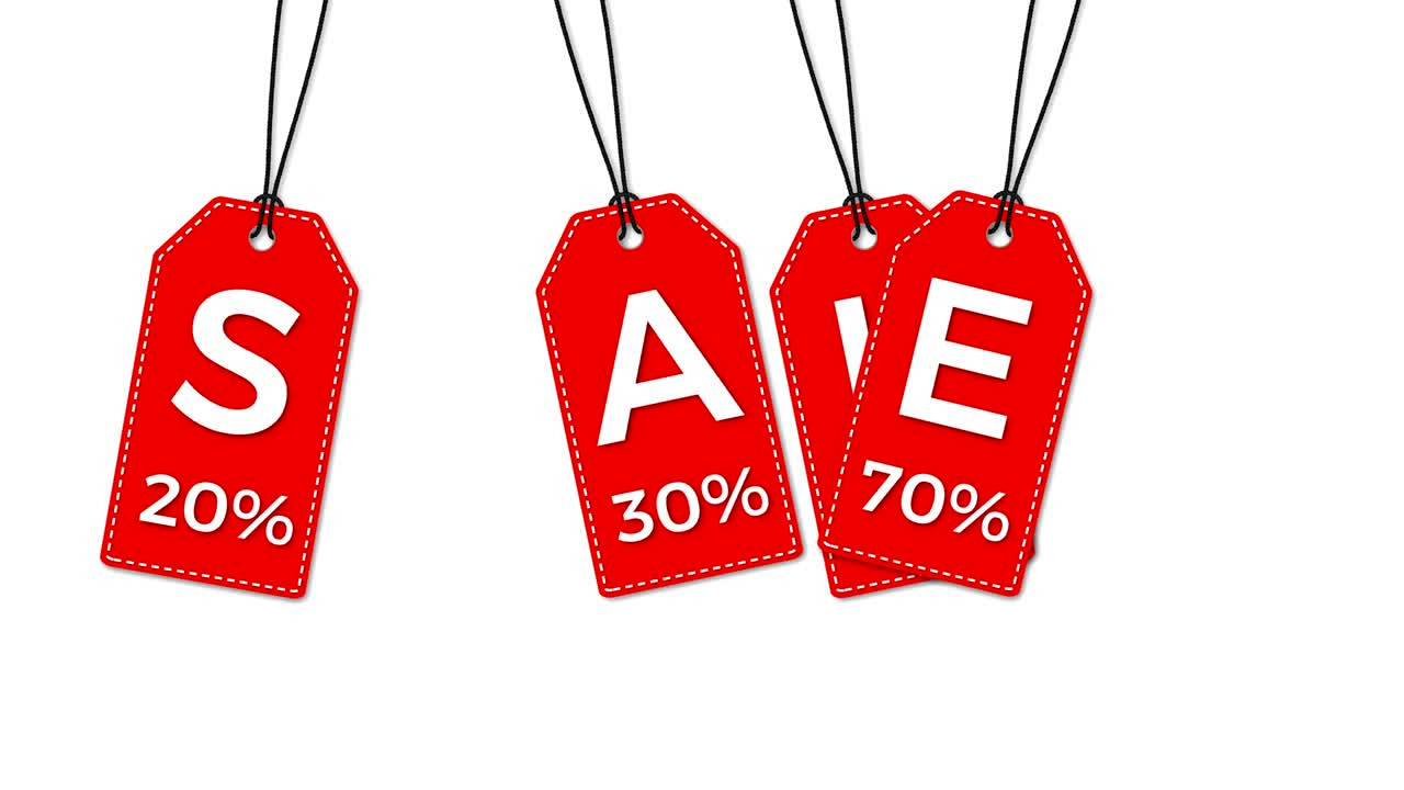 etichette rosse appese isolate su bianco.