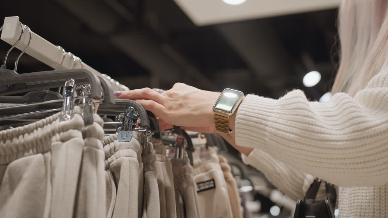 Fashionista hands in knit sweater and gold watch slide hangers on rack, evaluating joggers under boutique lights, feeling waistband stretch, comparing size labels before casual purchase decision
