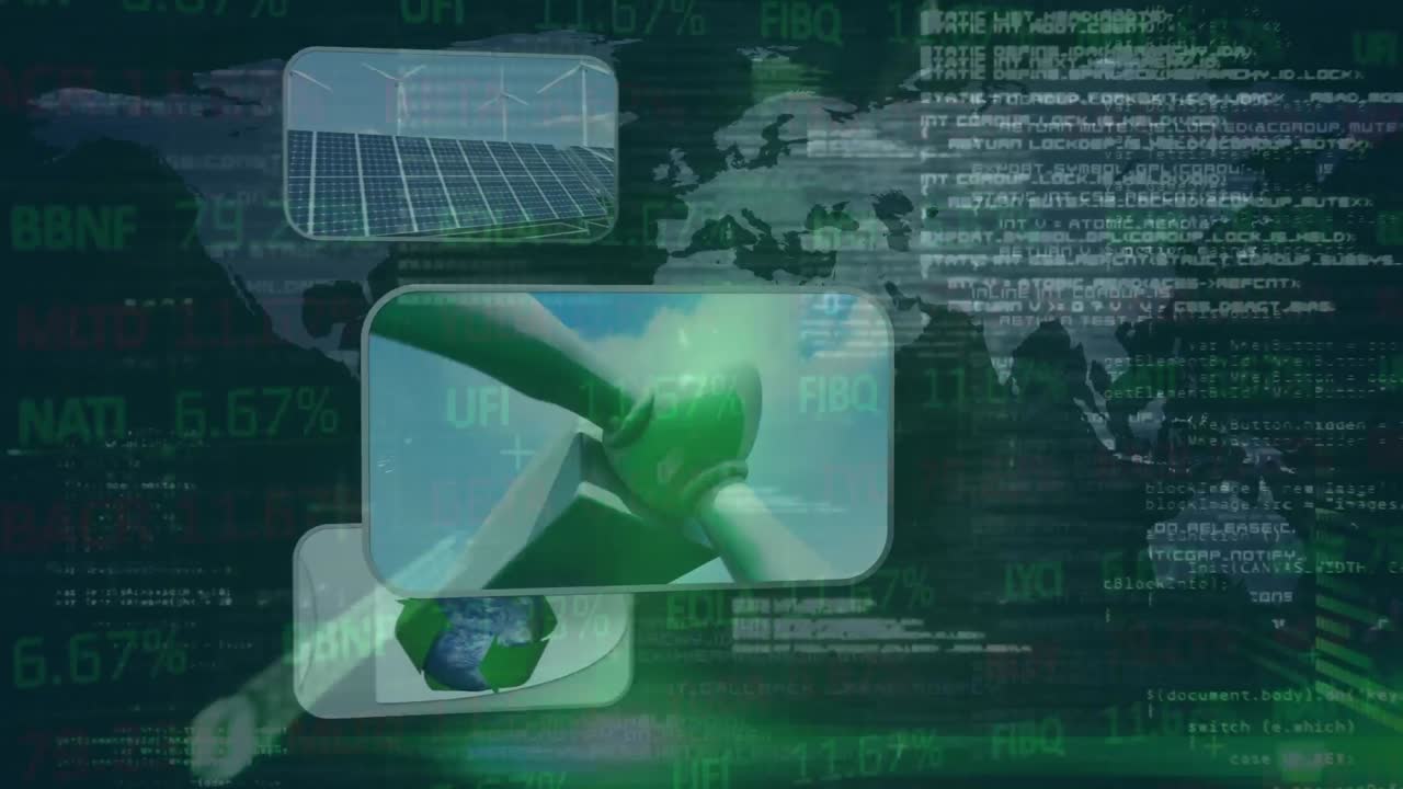 Animation of hand touching screens with globe, financial data processing and wind turbine over map