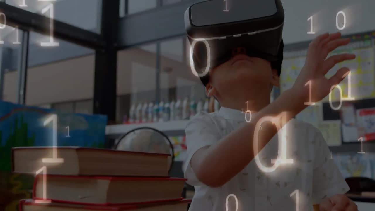 animación del procesamiento de codificación binaria sobre un escolar usando auriculares vr