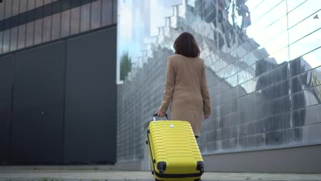 a young woman walks with a yellow suitcase. a girl with glasses and a coat walks along the mirrored building.