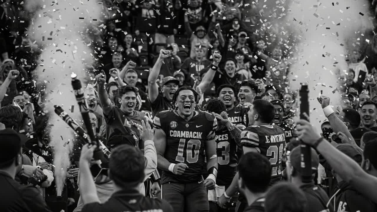 A Thrilling Celebration of Victory: A Team's Joyous Moment Surrounded by Fans, Confetti, and Fireworks After a Hard-Fought Competition