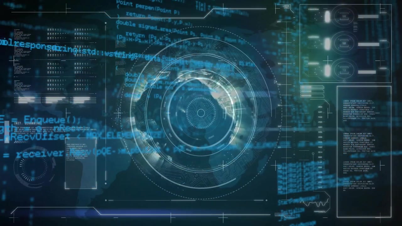 Programming code appearing triggers 3D globe rotating within pulsing HUD rings for data analytics
