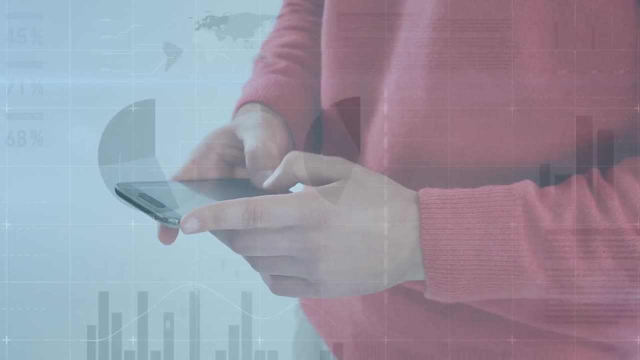 animación de la interfaz infográfica sobre la sección media del hombre caucásico usando el teléfono móvil