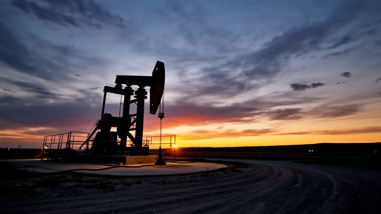 Oil Pumpjack Silhouetted Against a Sunset Sky