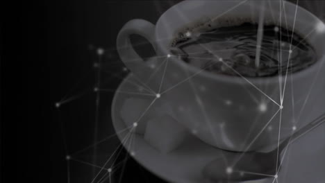 white ceramic coffee cup pouring milk stream over sugar cubes, highlighting digital network overlay