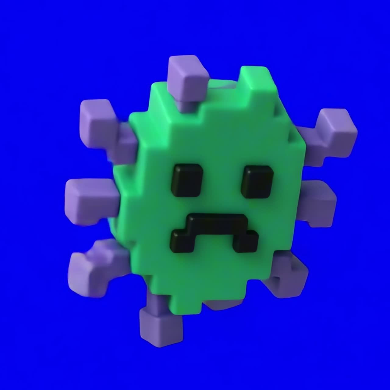 Pixeleret virus med trist ansigtsanimation, isoleret aktiv, transparent 4K-video, alfakanal, ProRes